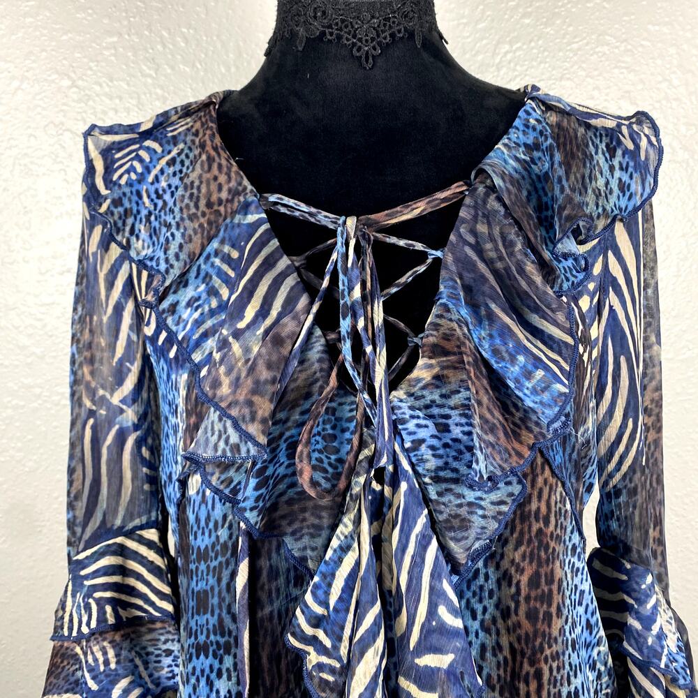 Metric Animal Print Whimsigoth Avant Garde LaceUp Boho Ruffle Flowy Blouse Dress - Picture 6 of 14
